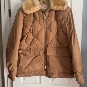 VTG 70s Schott Goose Down Diamond Quilted Tan Jacket with Faux Fur Collar L